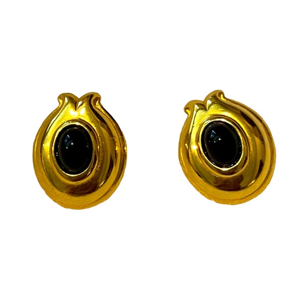 ✨Authentic Vintage Rare FENDI Black Onyx Cabochon Gold Pierced Earrings - Picture 2 of 11